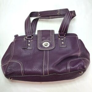 Vtg Coach F13961 Hampton Purple Pebble Leather White Stitching Satchel Turnlock